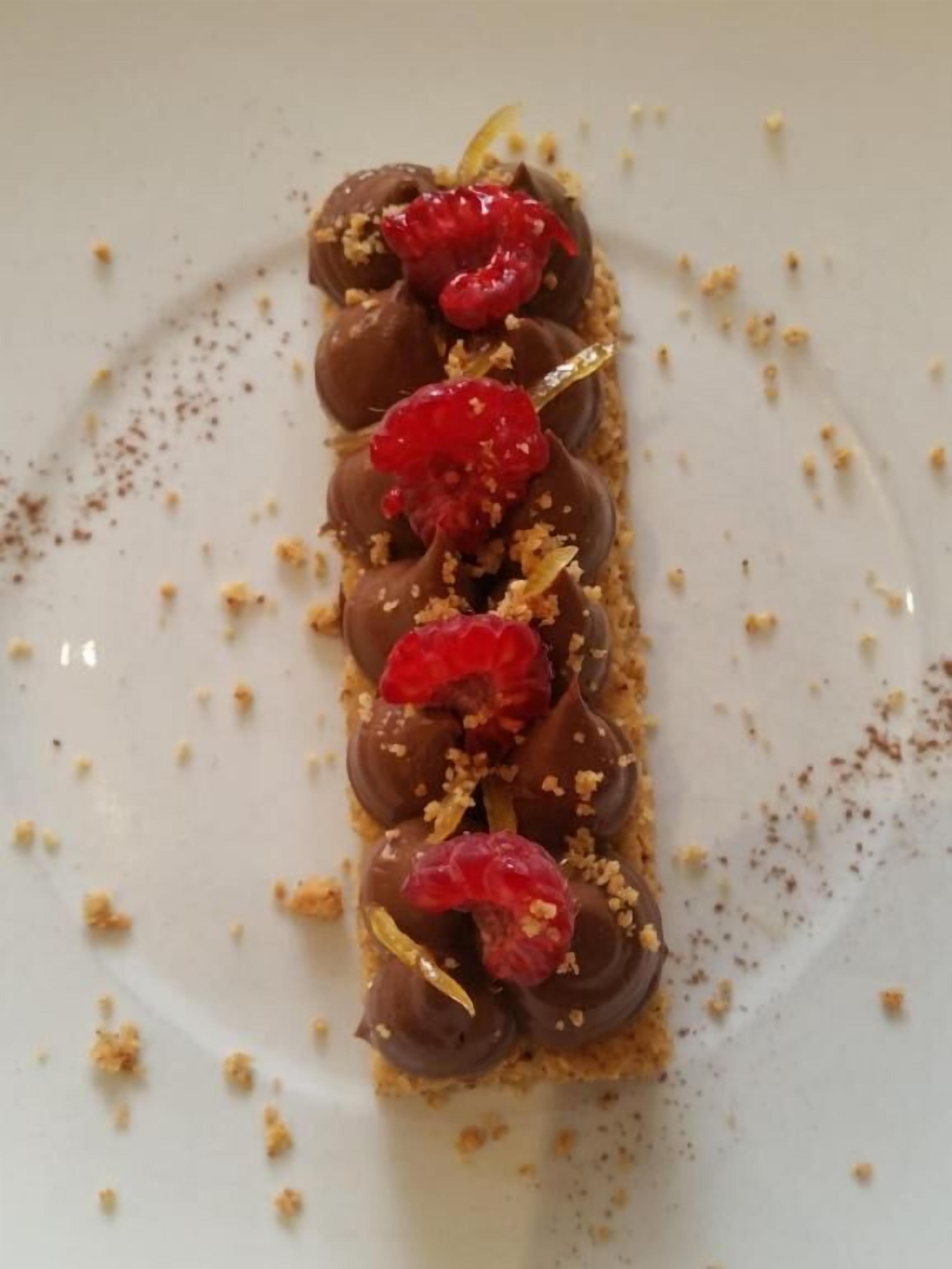 A dessert with chocolate and raspberries on a plate.
