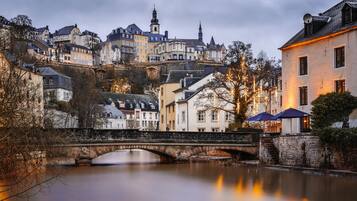 Une ville historique avec un pont de pierre enjambant une rivière paisible, entourée de bâtiments aux styles architecturaux variés, dont un imposant clocher d’église.