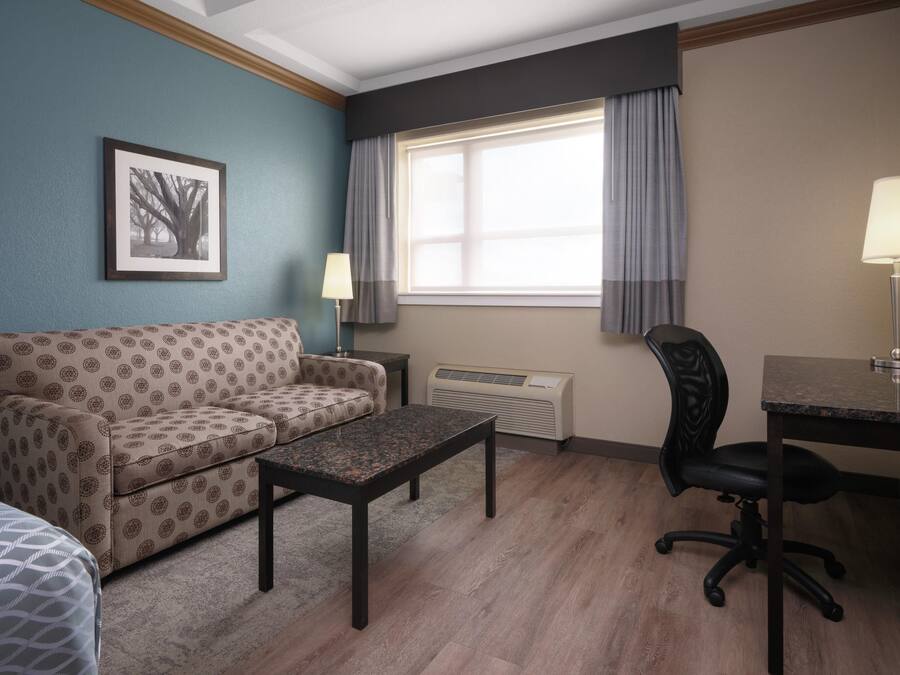 A hotel room with a patterned sofa, a small table, a desk with a chair, a window with curtains, and a framed picture on the wall.
