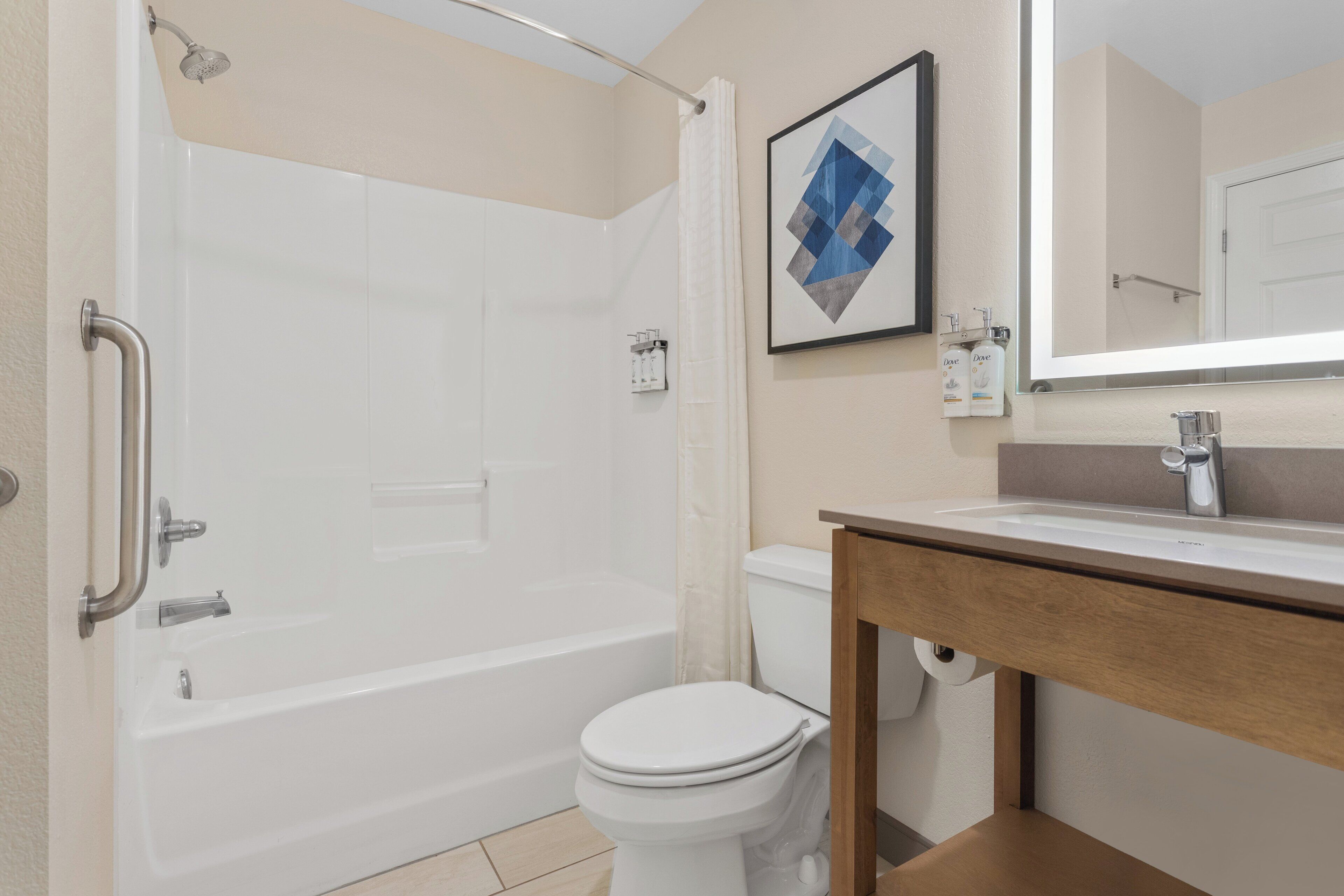 combined shower/bathtub, free toiletries, hair dryer, towels