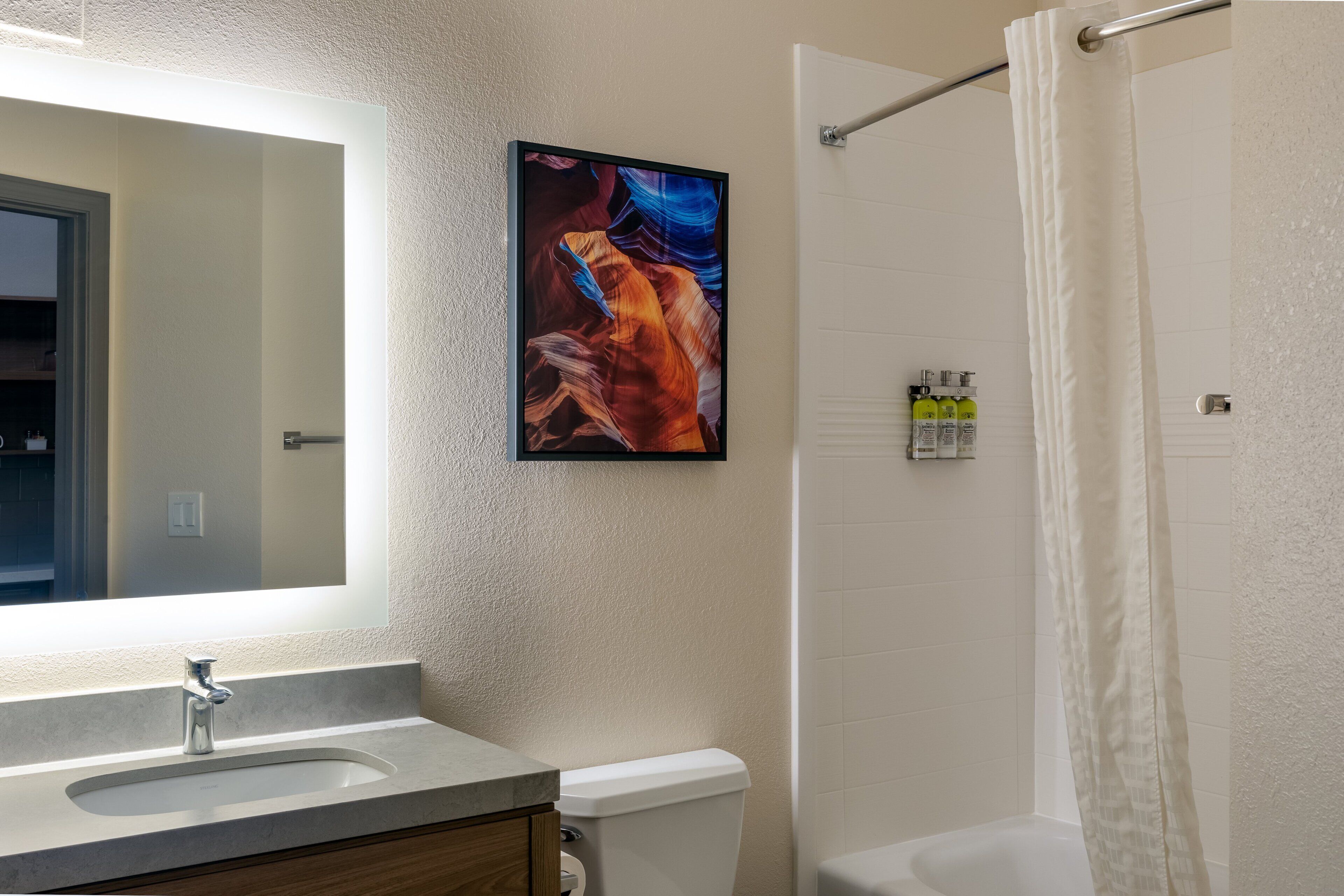 A bathroom with a sink, mirror, toilet, shower curtain, and a framed picture on the wall.