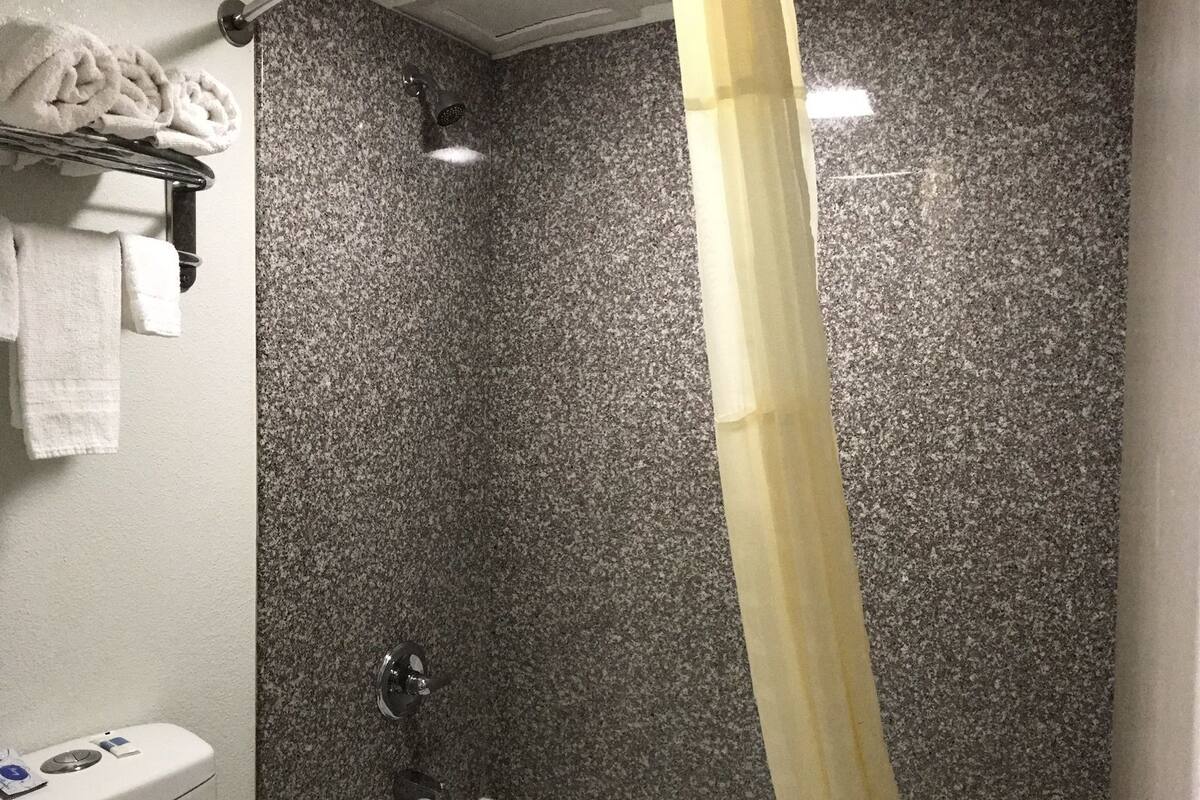 A bathroom with a bathtub, a toilet, and a shower curtain.