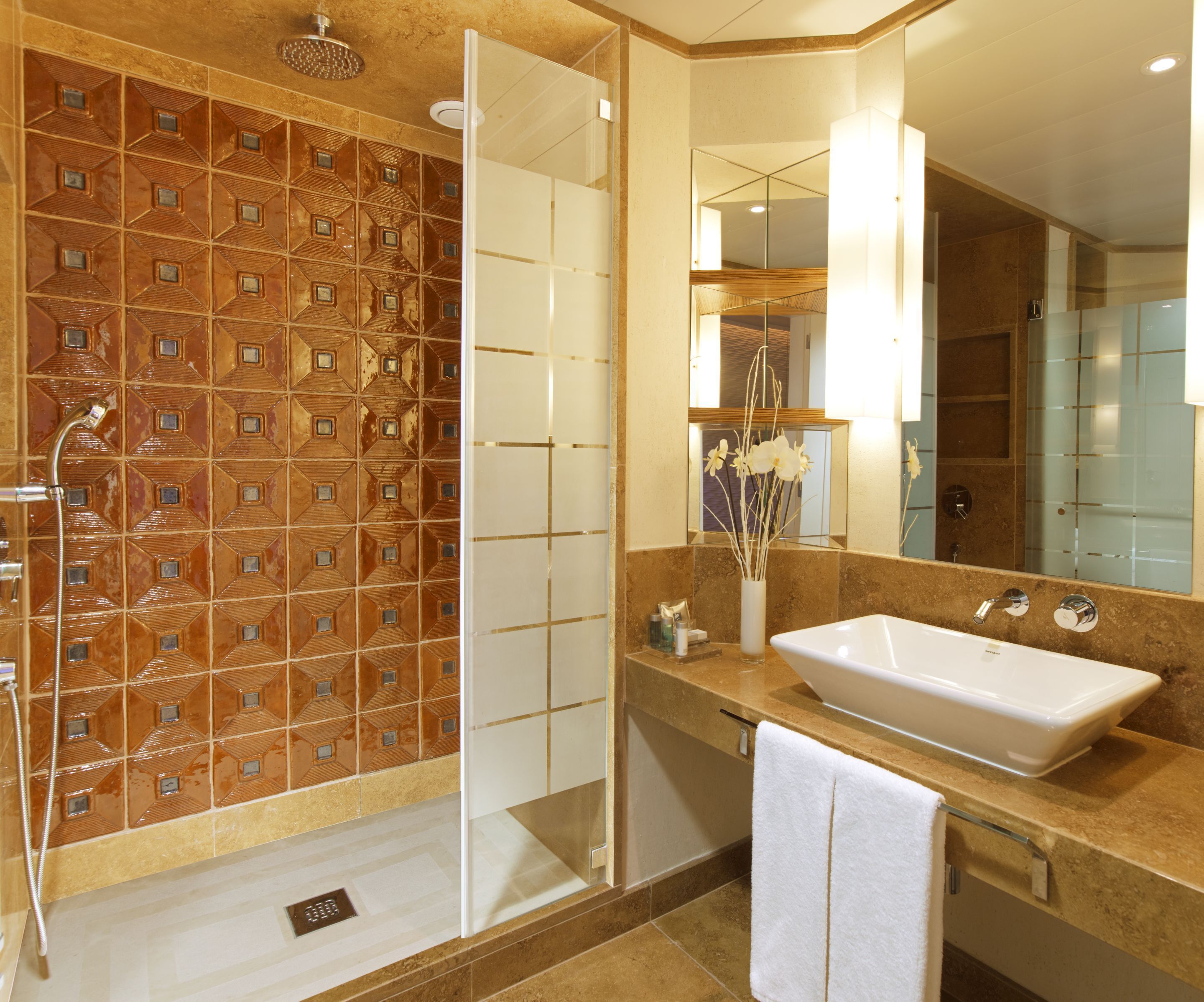 combined shower/bathtub, rainfall showerhead, free toiletries