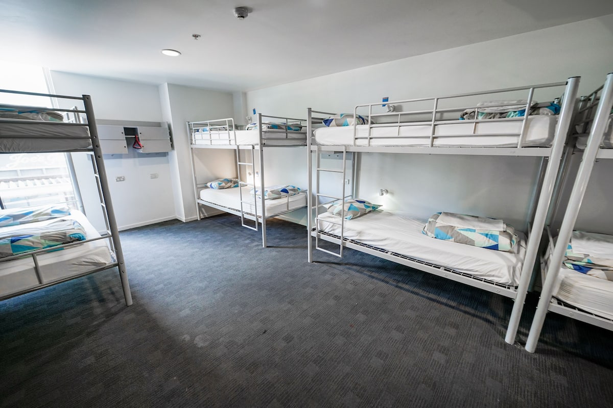 A dormitory room with bunk beds, a small desk, and a window.
