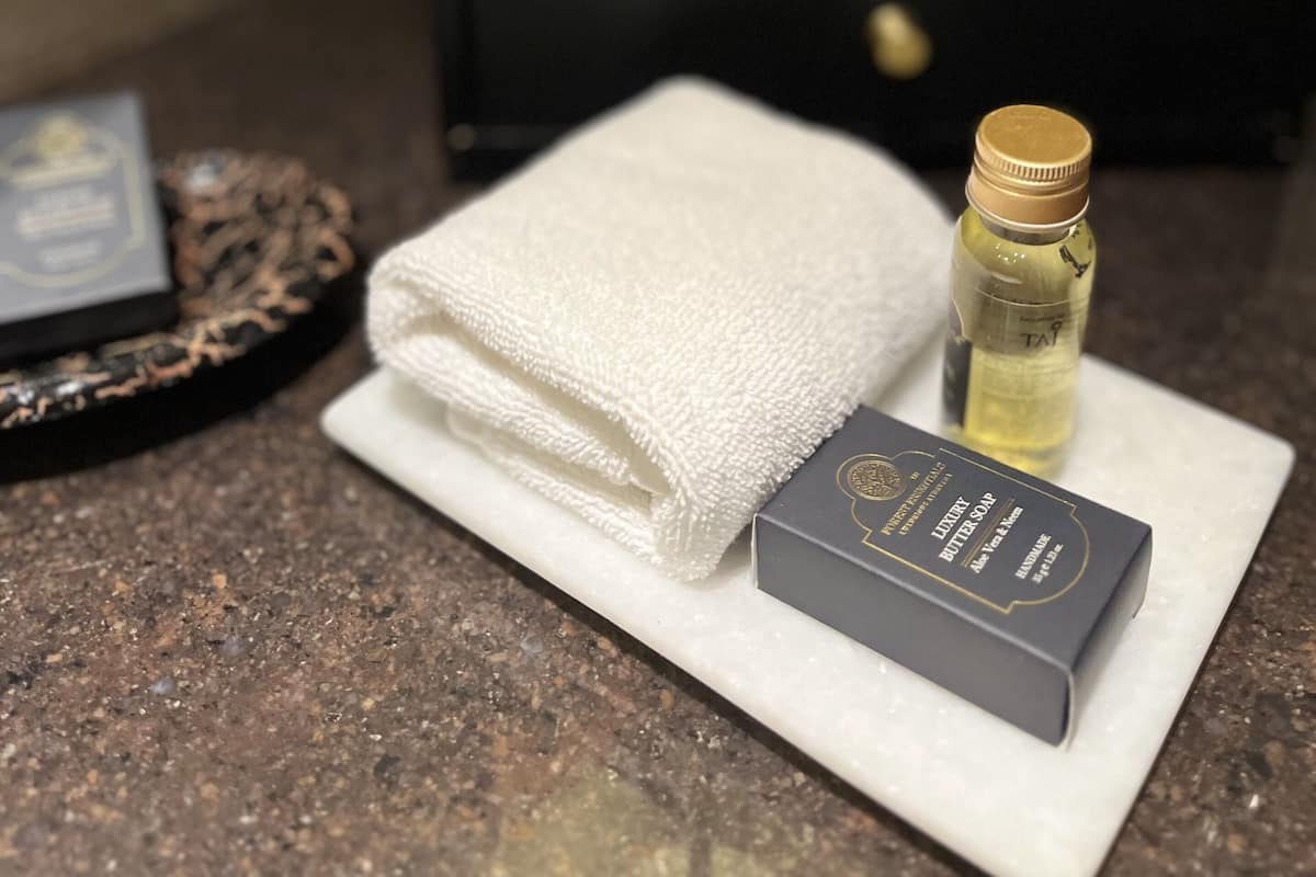 free toiletries, hair dryer, slippers, bidet