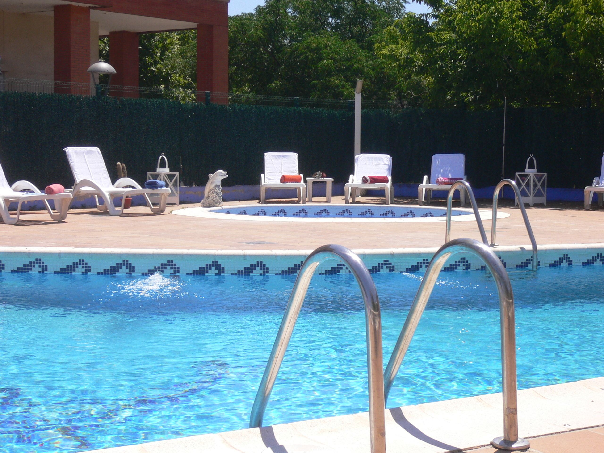Una piscina con sillones de descanso y una estatua decorativa de delfín.