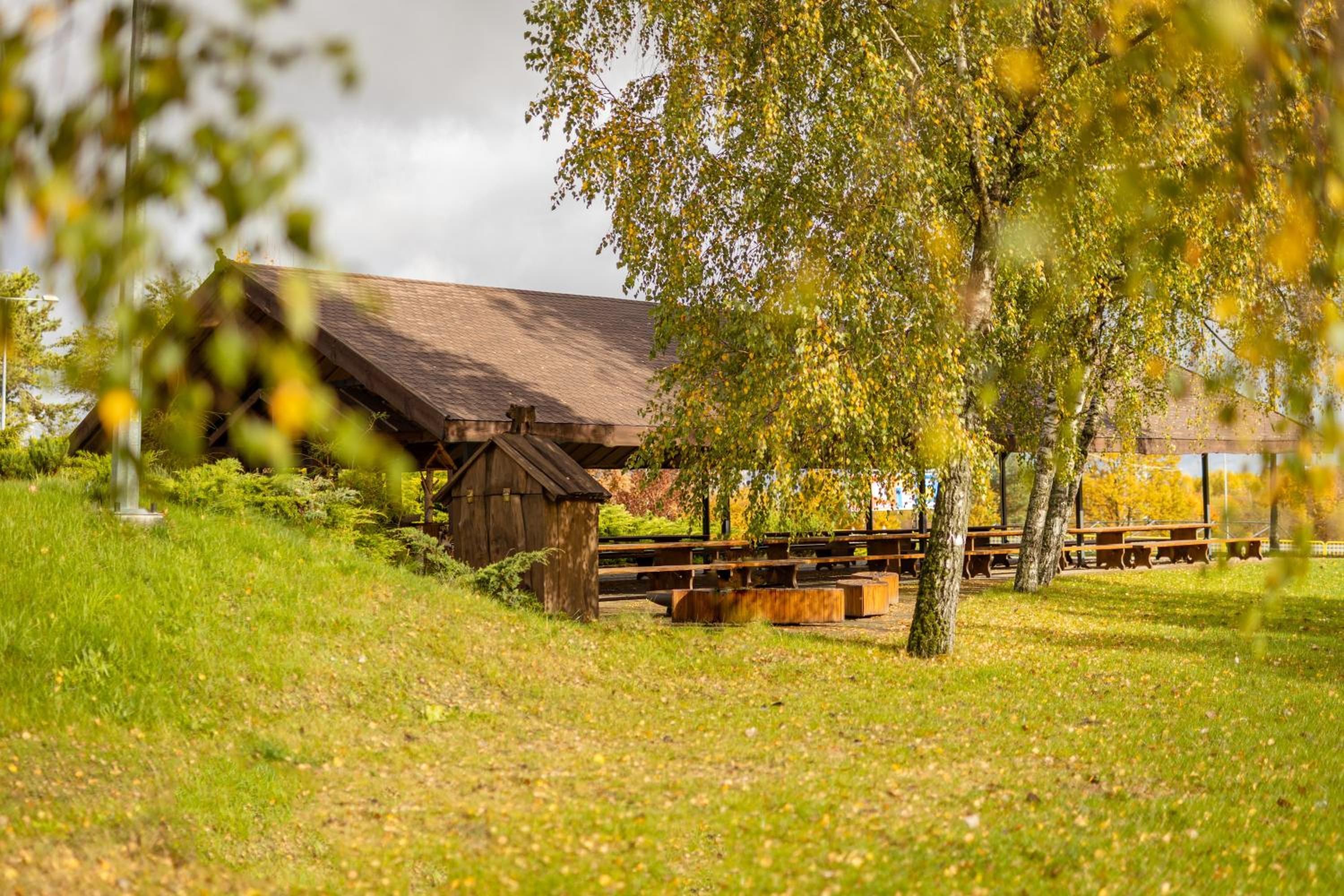 A rustic wooden building with a sloped roof, surrounded by a grassy area with picnic tables.