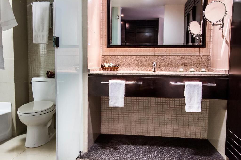 Combined shower/tub, hair dryer, towels, soap