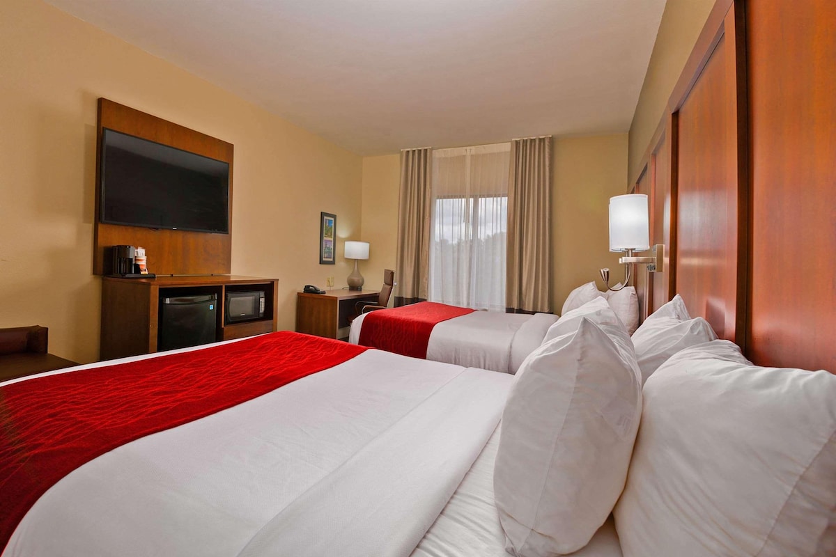 A hotel room with two beds, a TV, a desk, a chair, a lamp, and a window with curtains.