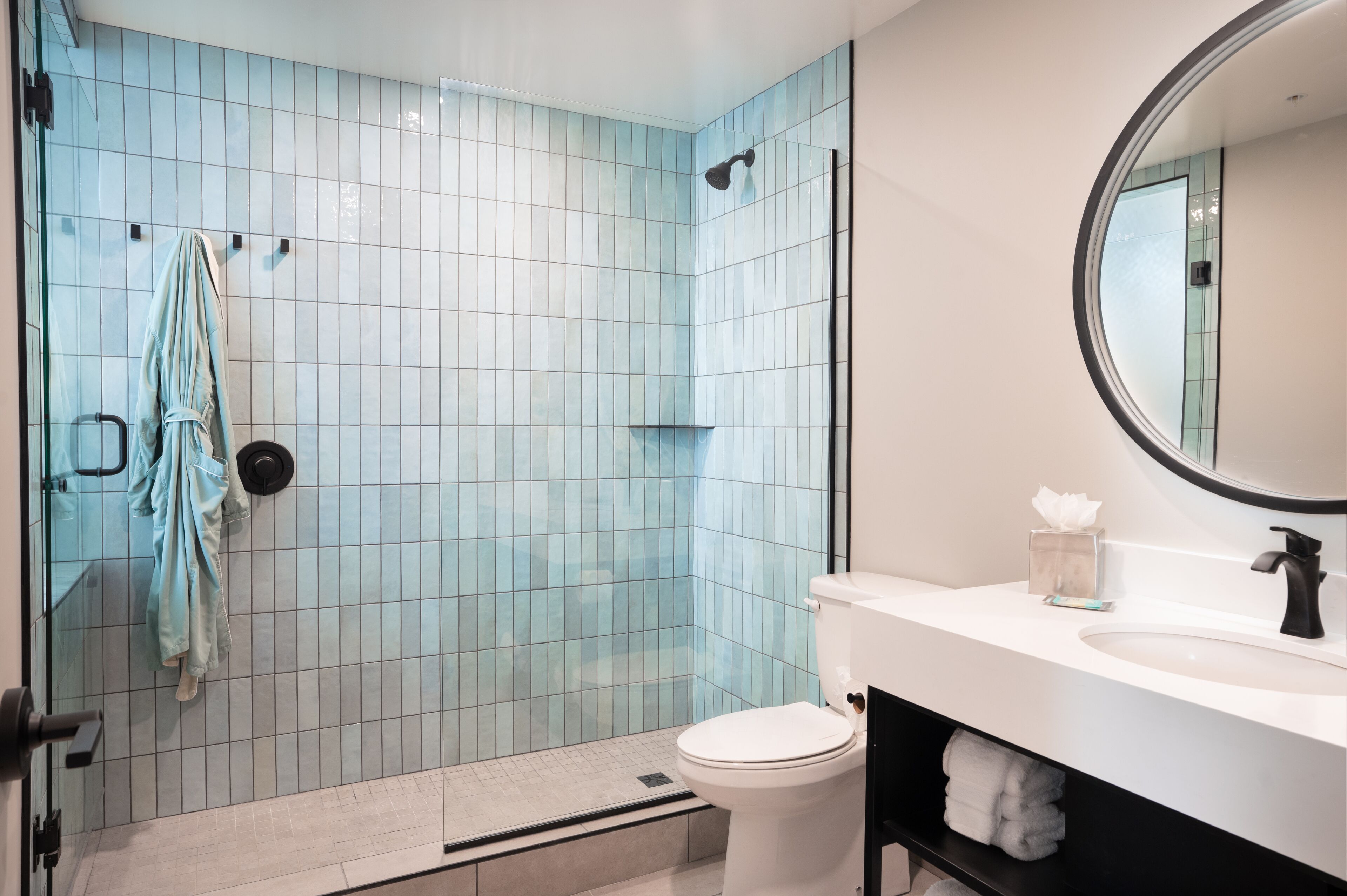 A modern bathroom with a glass shower enclosure, a white toilet, and a vanity with a sink and mirror.
