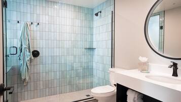 A modern bathroom with a glass shower enclosure, a white toilet, and a vanity with a sink and mirror.