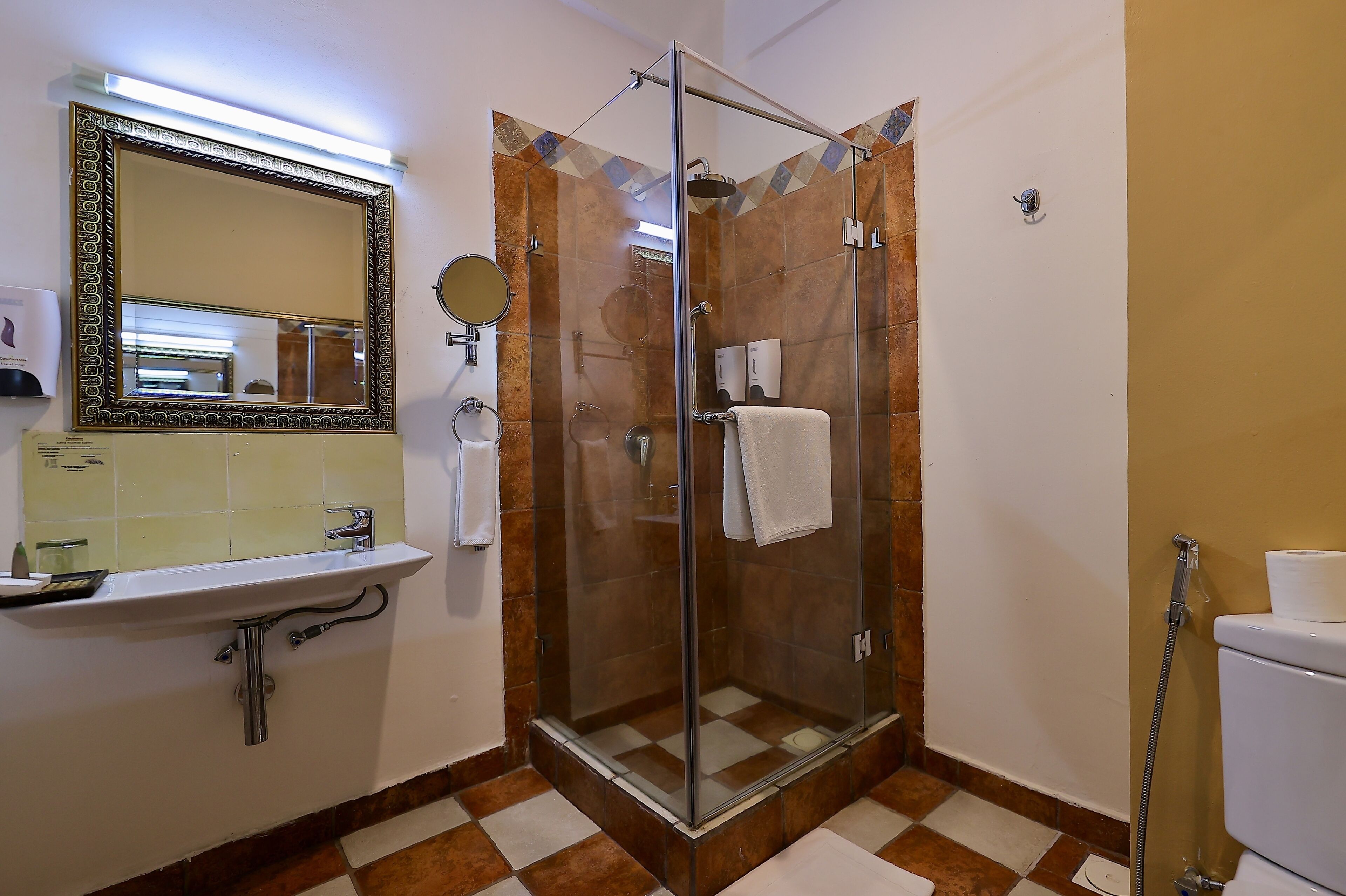 Une salle de bain avec une douche à parois de verre, un lavabo avec un miroir et des toilettes.