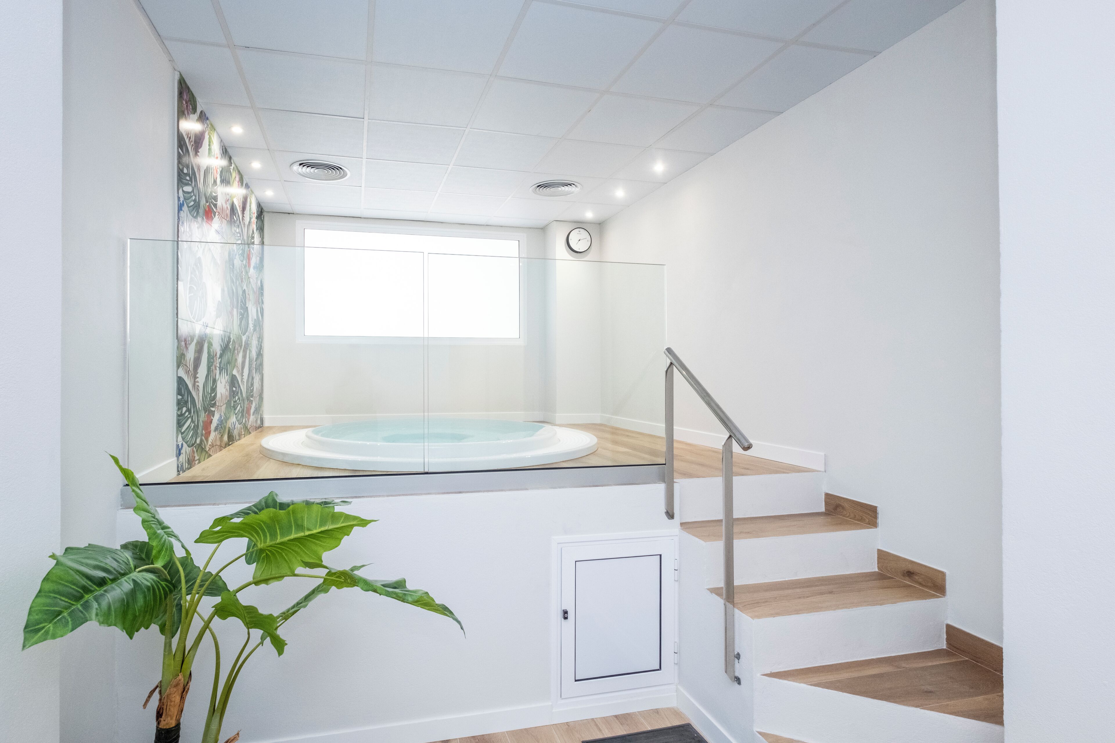 Ein modernes Badezimmer mit einer Glaskonstruktion für eine Whirlwanne, Holztreppe und einer Topfpflanze.
