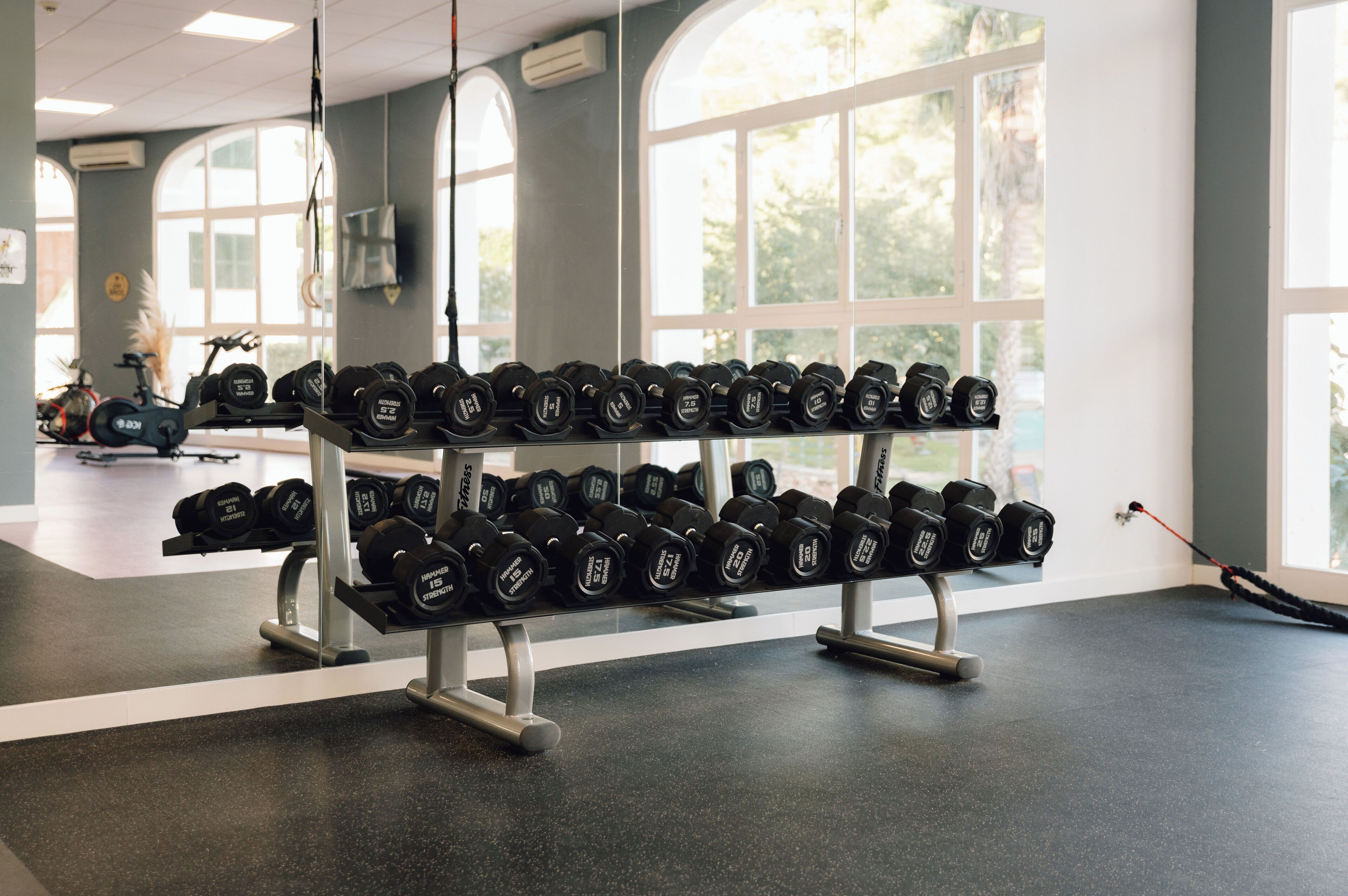 A gym with a rack of dumbbells, large windows, and exercise equipment.