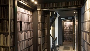 Een bibliotheek met boekenkasten aan weerszijden van een centrale trap.