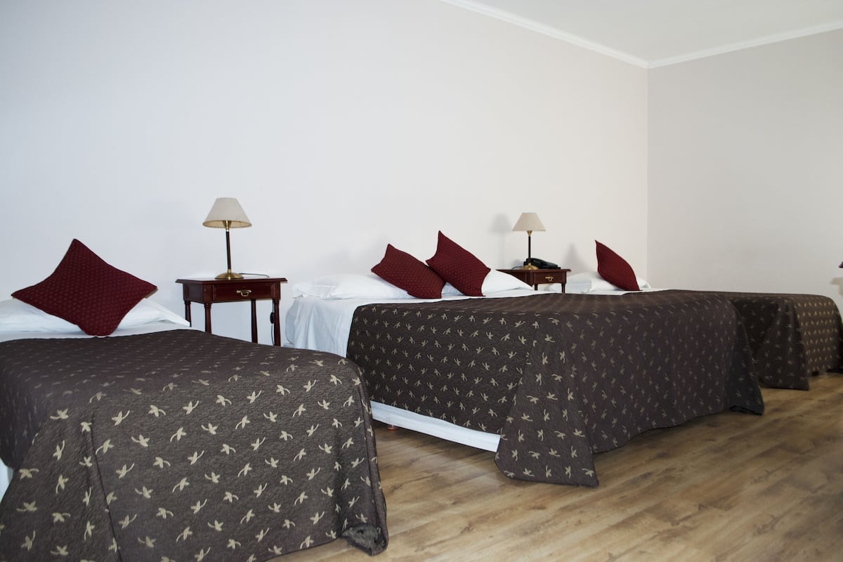 Habitación de hotel con dos camas, cada una con una colcha estampada y almohadas rojas. Hay mesitas de noche con lámparas.