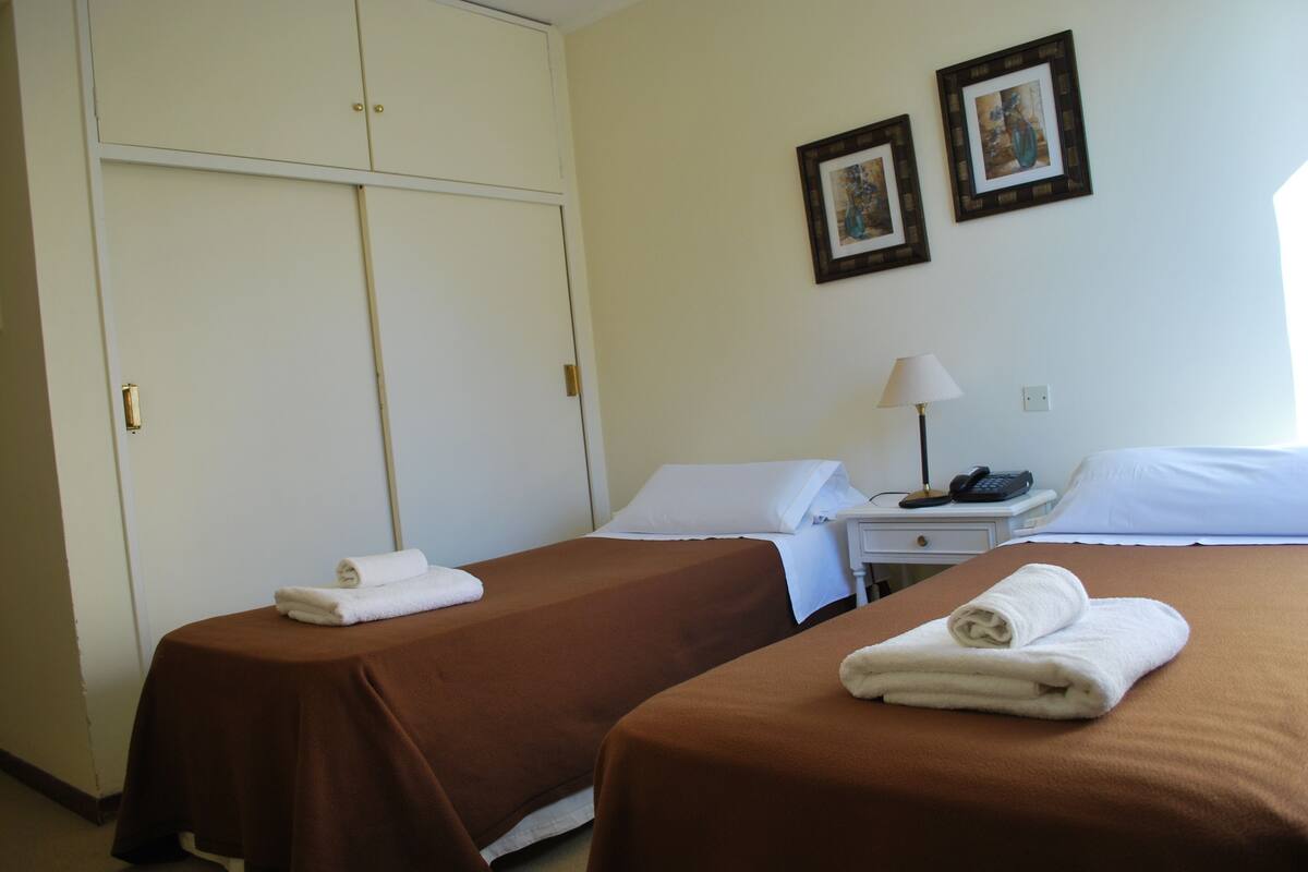 Habitación de hotel con dos camas individuales, un armario, una mesita de noche con lámpara y dos cuadros enmarcados en la pared.