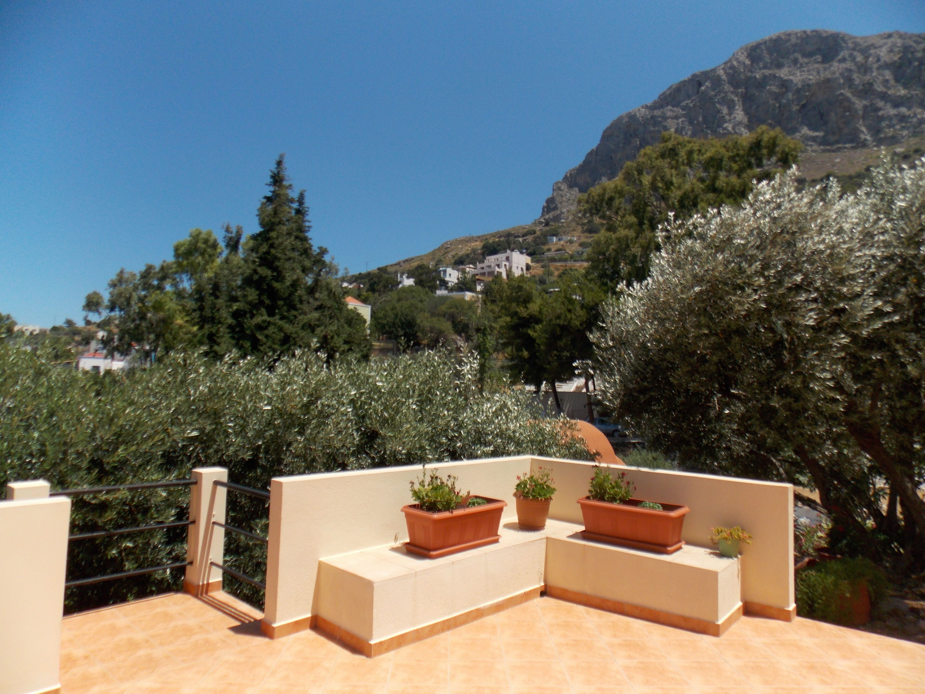 A rooftop terrace with potted plants, a railing, and a view of a mountainous landscape.