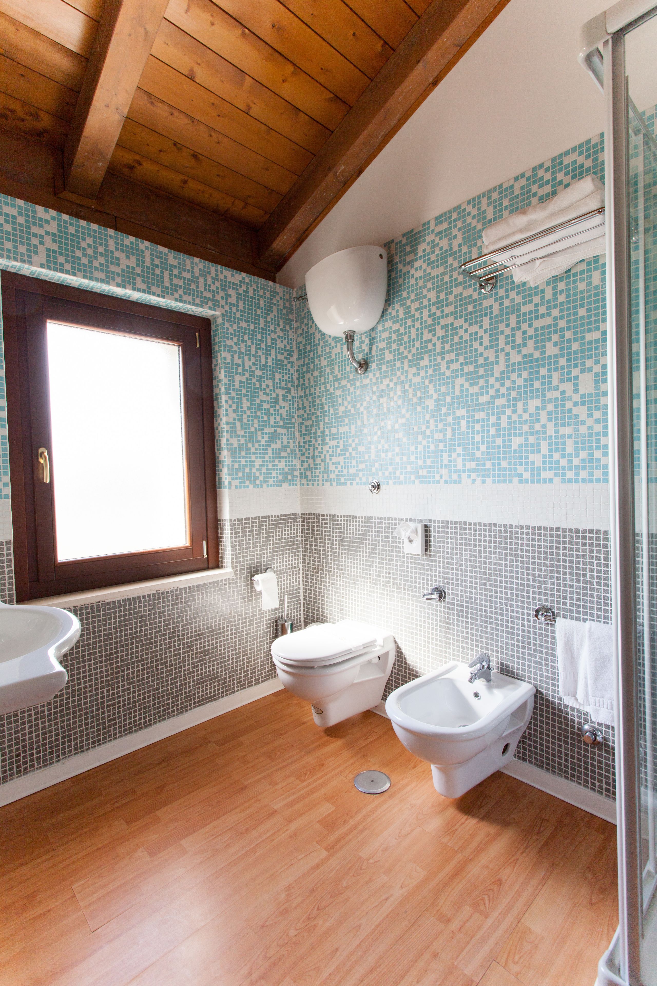 shower, hair dryer, bidet, towels