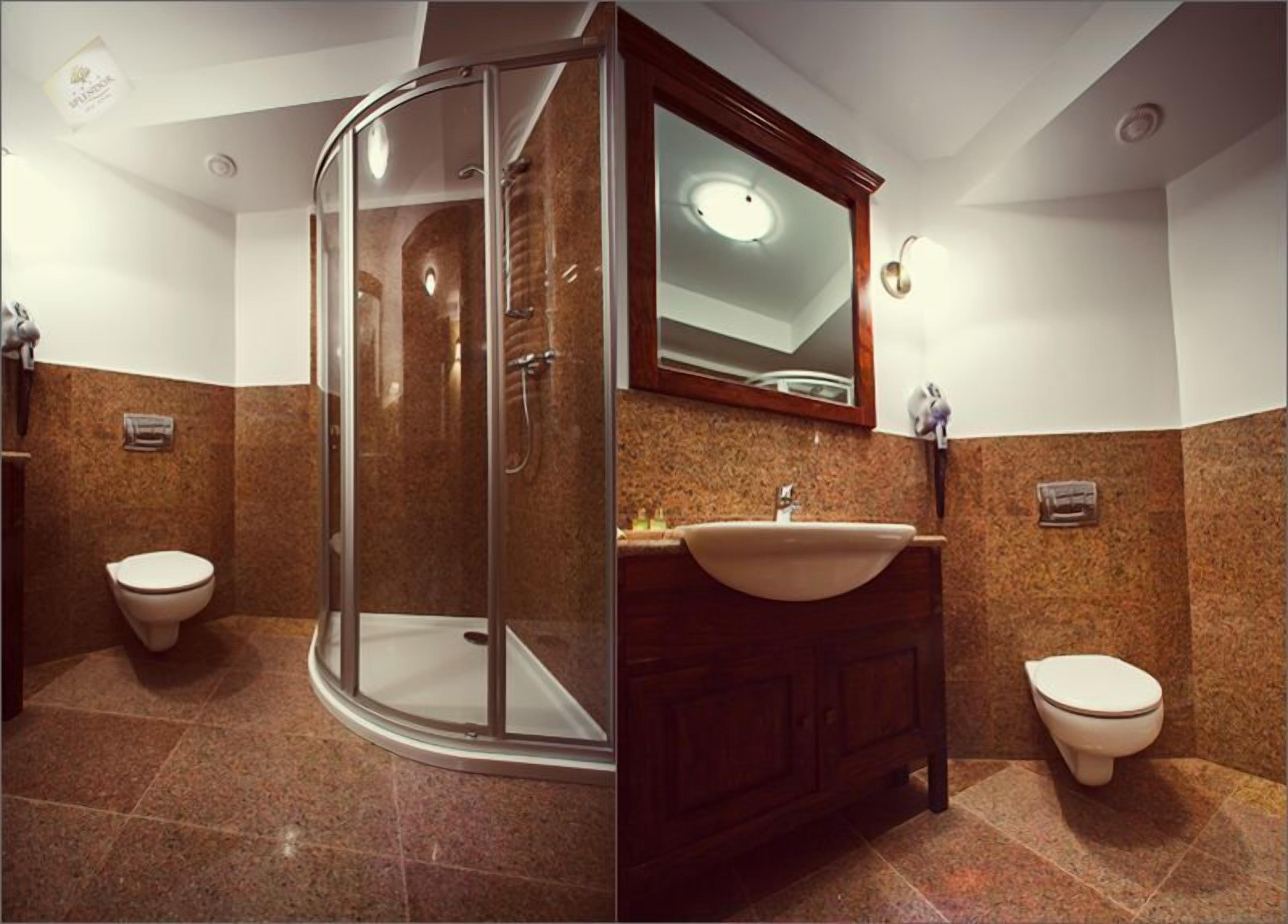 shower, hair dryer, bathrobes, slippers