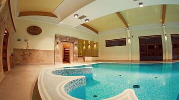 Indoor pool, open 9 AM to 10 PM, sun loungers
