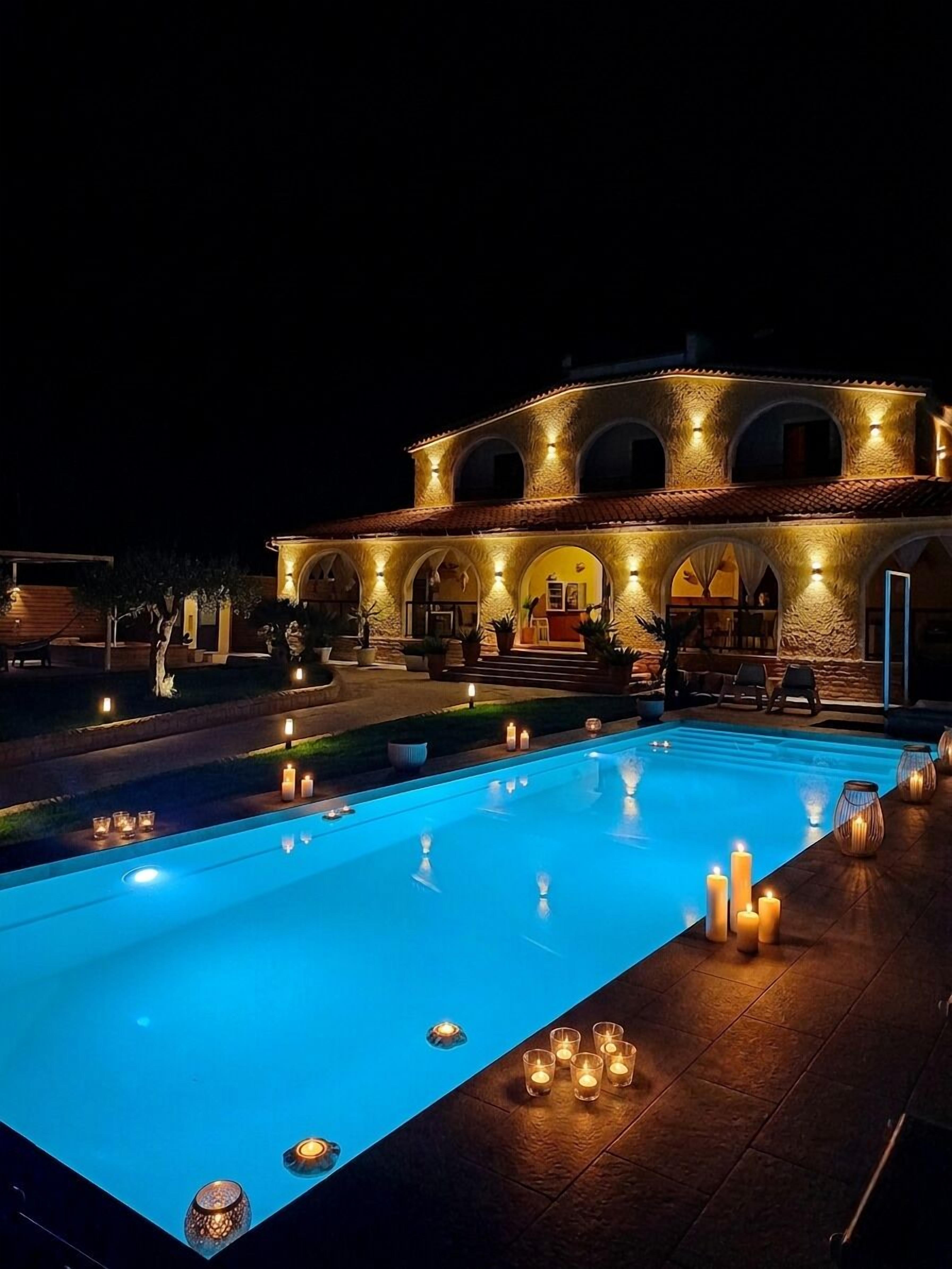 Outdoor pool, pool umbrellas, pool loungers