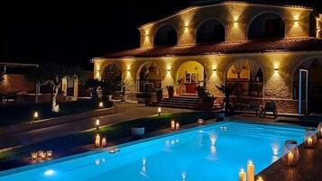 Outdoor pool, pool umbrellas, pool loungers