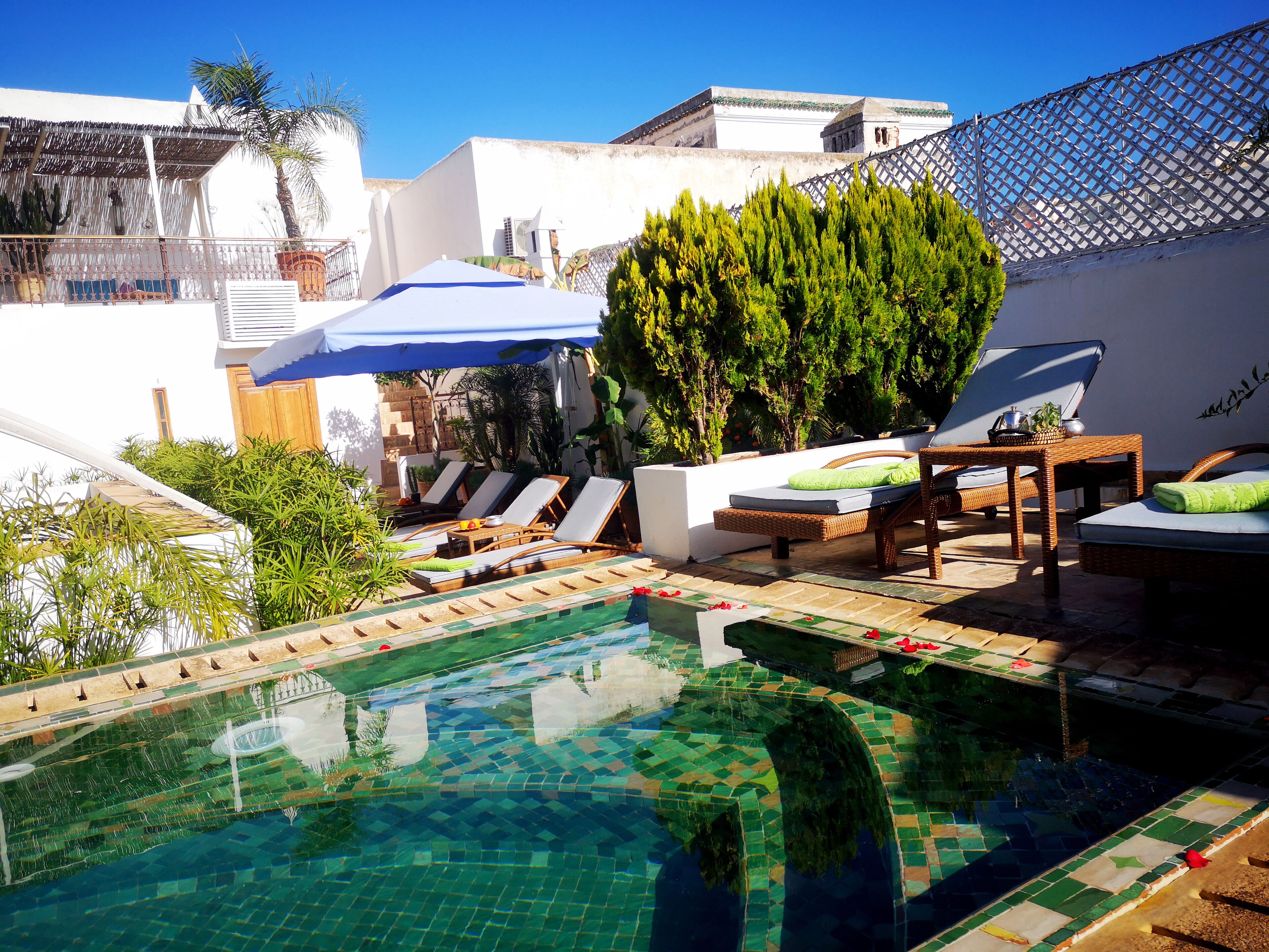 Outdoor pool, pool umbrellas, sun loungers