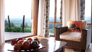 A wicker chair with a cushion featuring an elephant design, a wooden table with a fruit bowl, and a view of greenery through large windows. - Addo Dung Beetle Guest Farm (Addo)