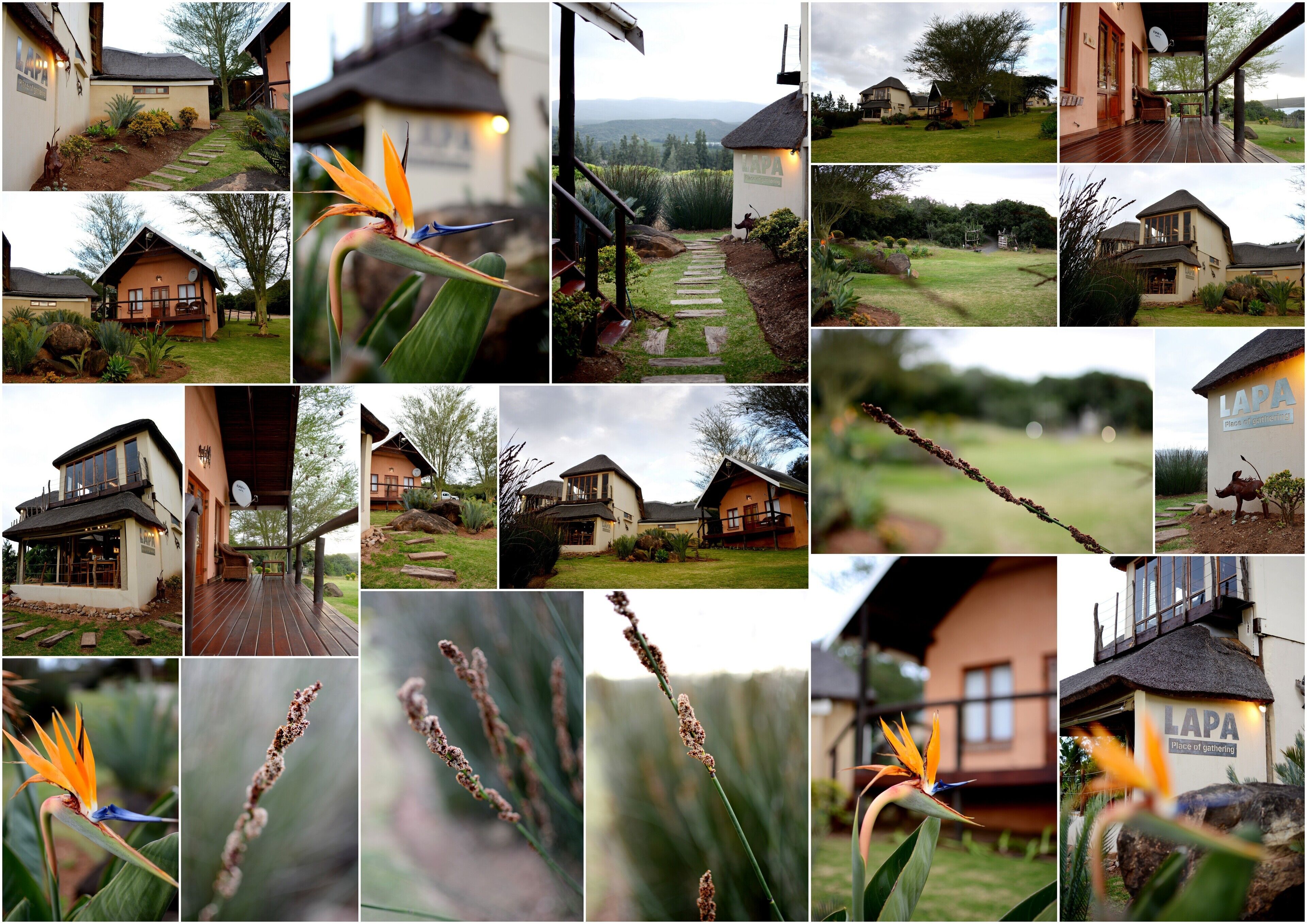 A series of photos of a property with various buildings, including a house with a thatched roof, a wooden deck, and a sign reading "LAPA Place of gathering".
