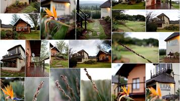 A series of photos of a property with various buildings, including a house with a thatched roof, a wooden deck, and a sign reading "LAPA Place of gathering".