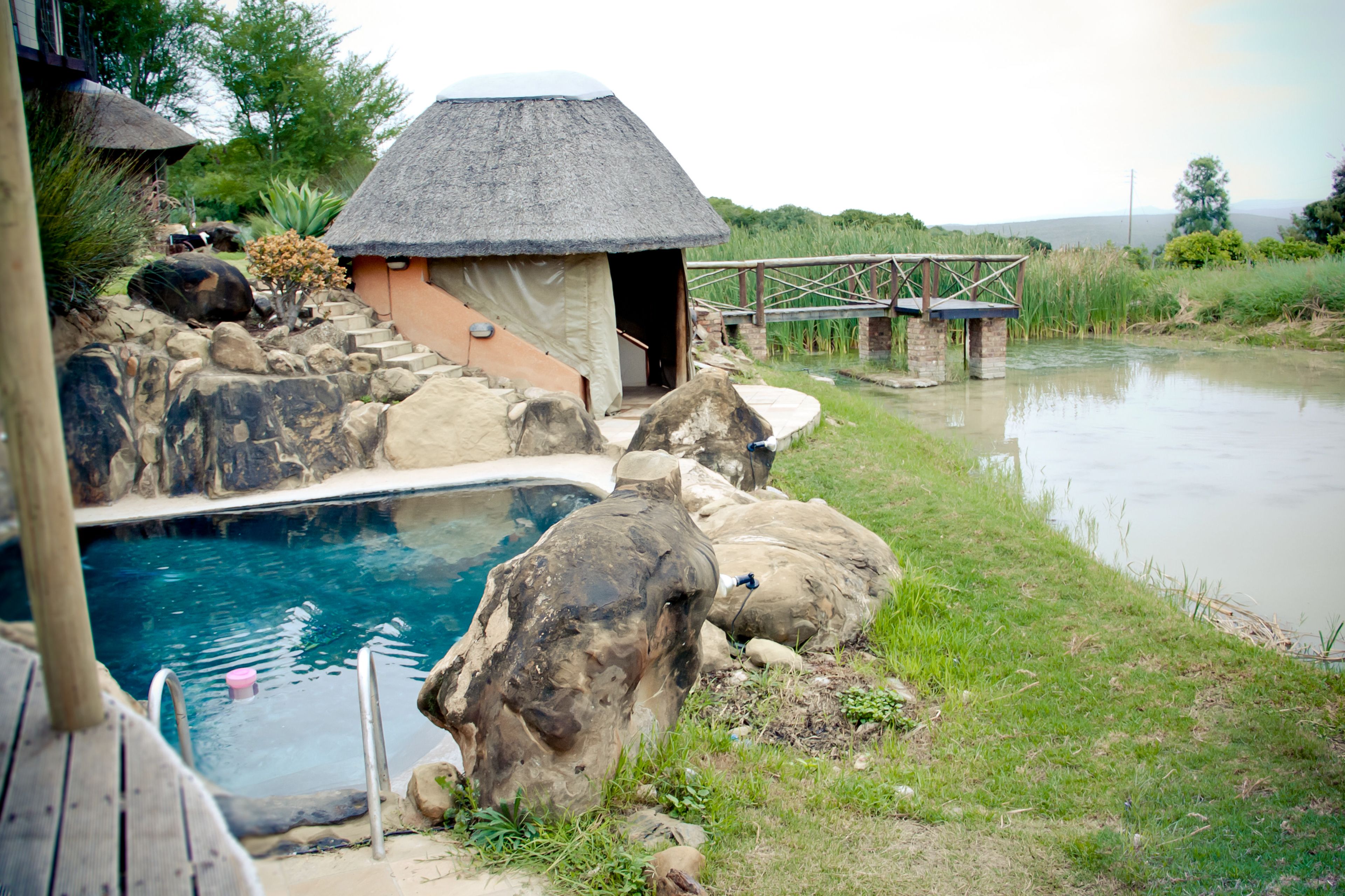 A pool area with a thatched-roof hut, a wooden bridge over a water body, and a stone pathway leading to the hut.