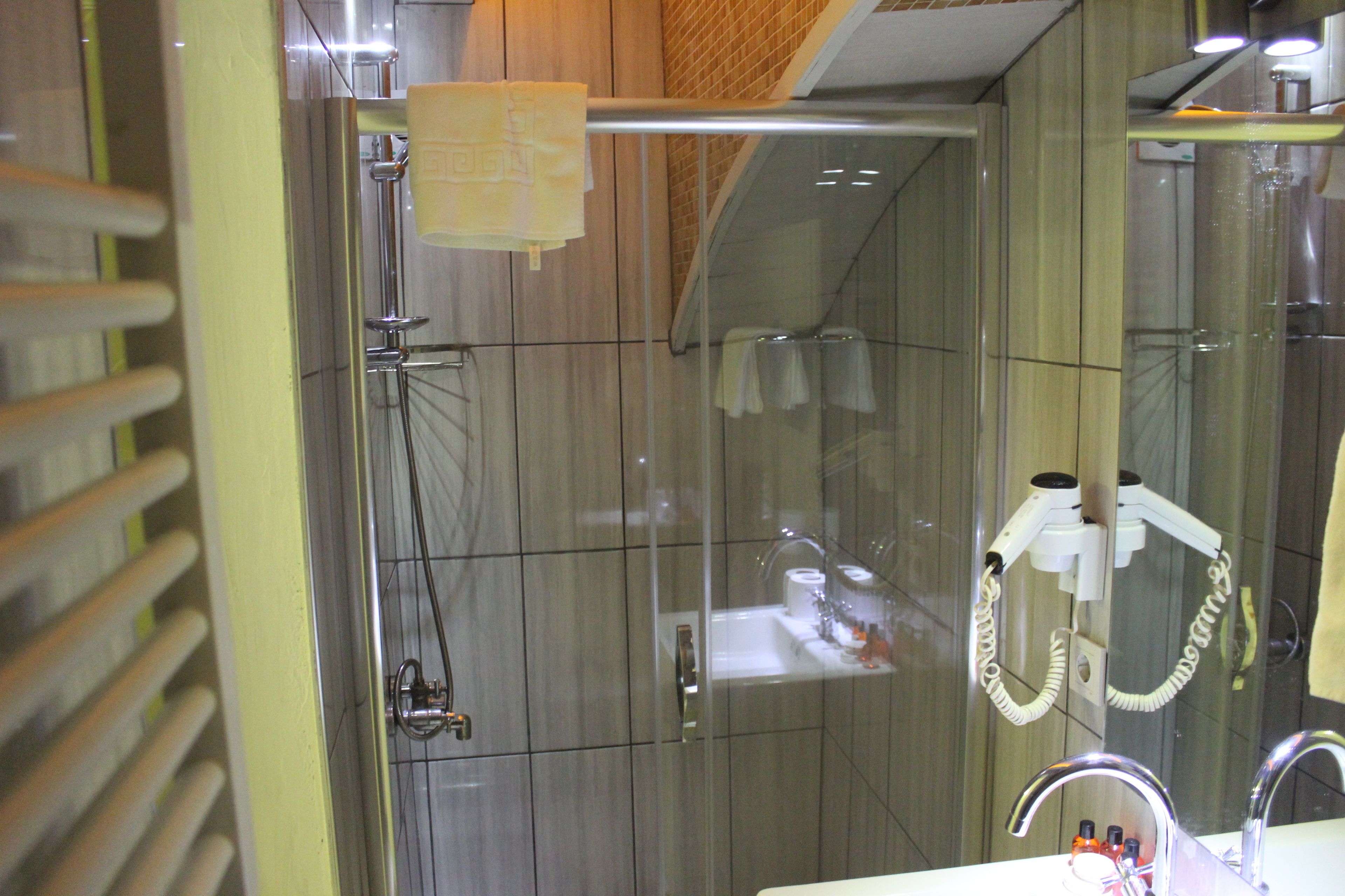 A modern bathroom with a glass shower enclosure, a visible towel rack, and a sink with toiletries.