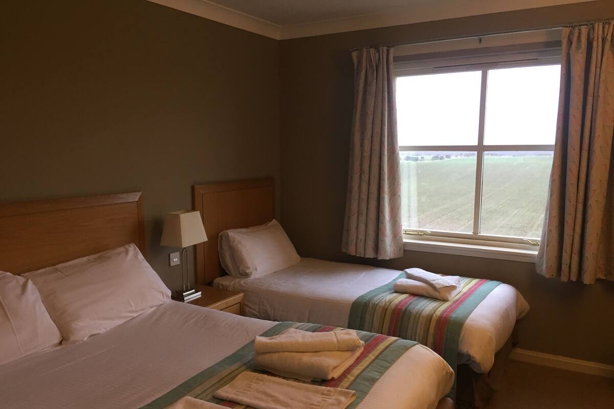 Habitación de hotel con dos camas, una mesita de noche con lámpara y una ventana con cortinas.