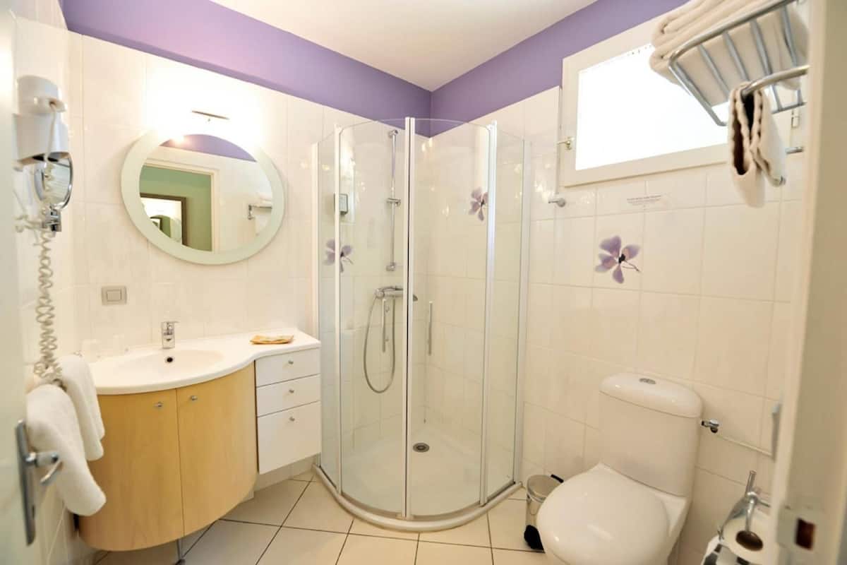 shower, free toiletries, hair dryer