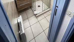 Une salle de bain avec une douche à parois de verre, un lavabo et un miroir.