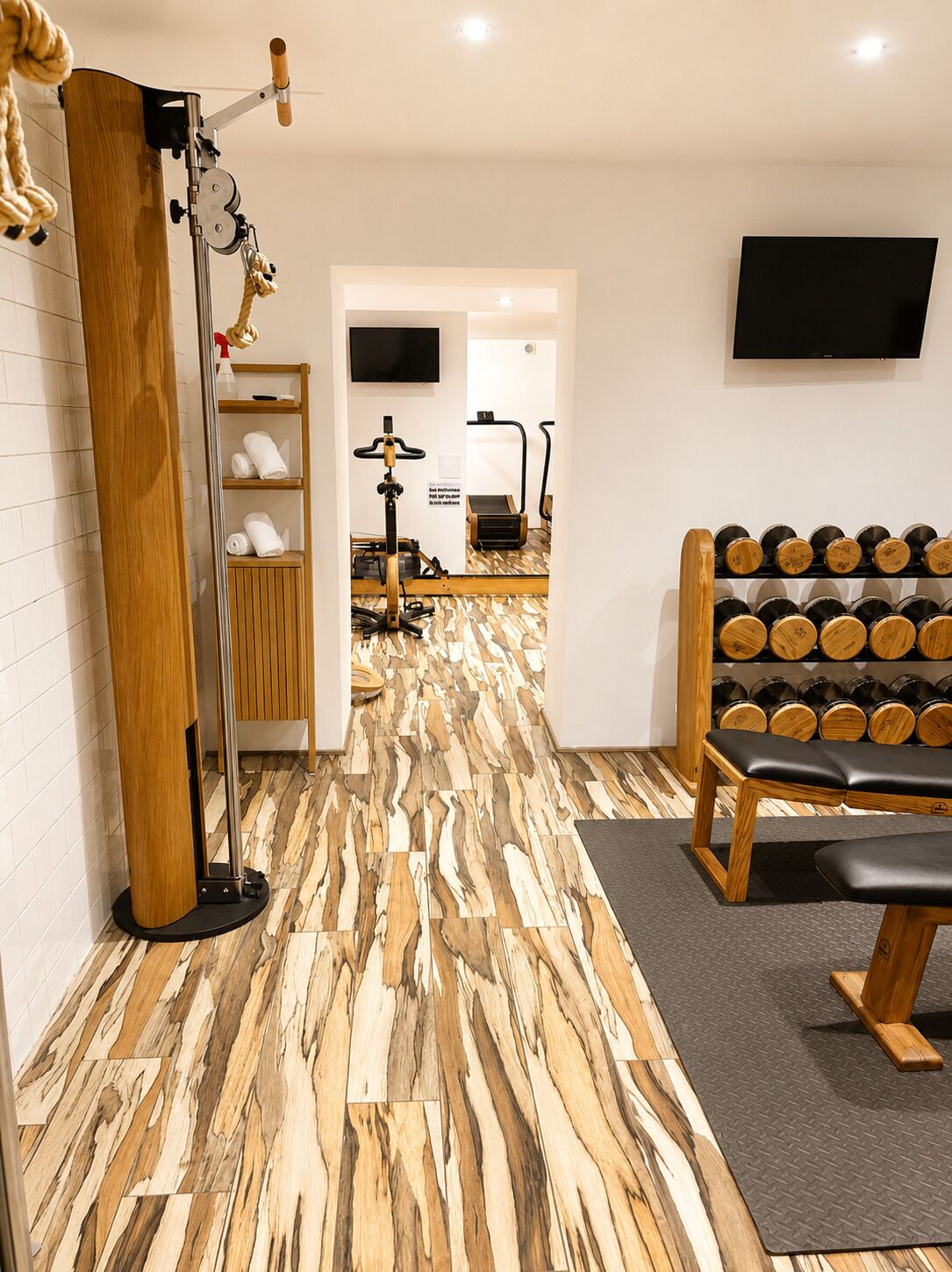 A gym with exercise equipment, a bench, and a wall-mounted TV.