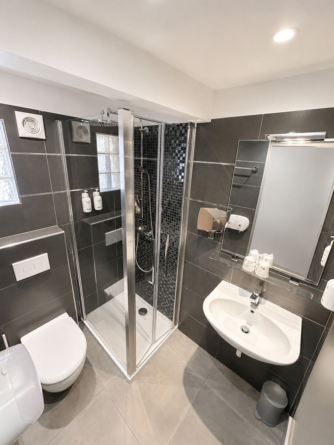 A modern bathroom with a glass-enclosed shower, a white sink, and a toilet.