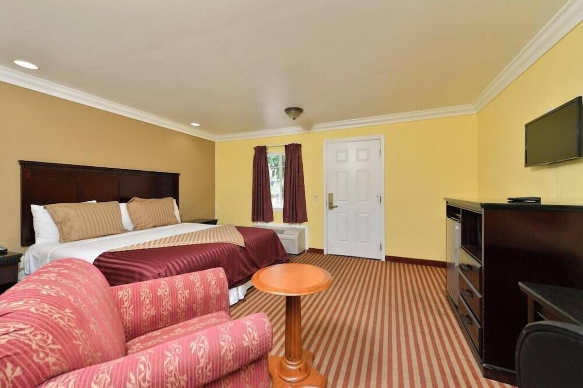 Een hotelkamer met een bed, twee slaapbanken, een tafeltje, een televisie en een deur.