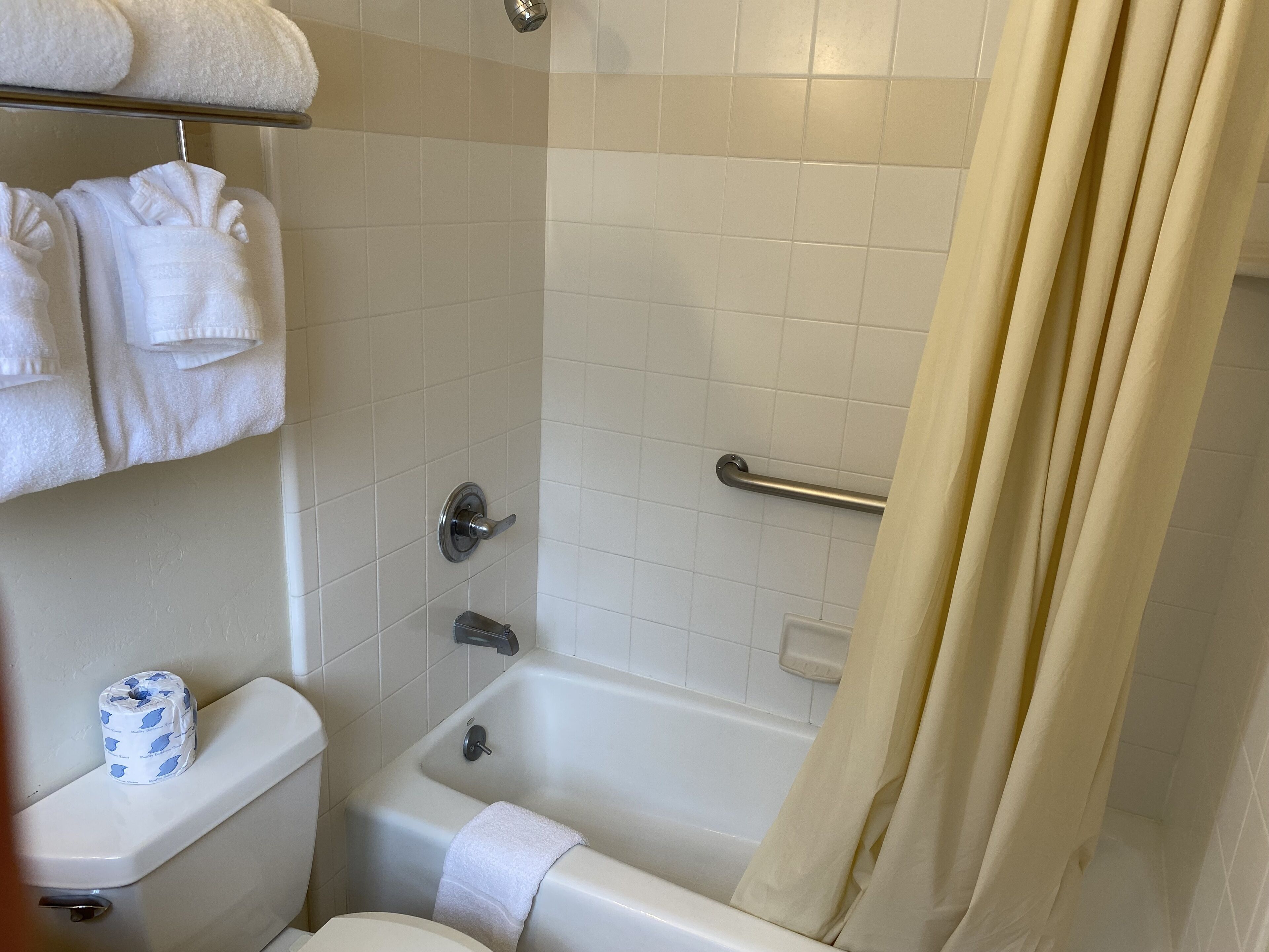 Un baño con inodoro, bañera y cortina de ducha.