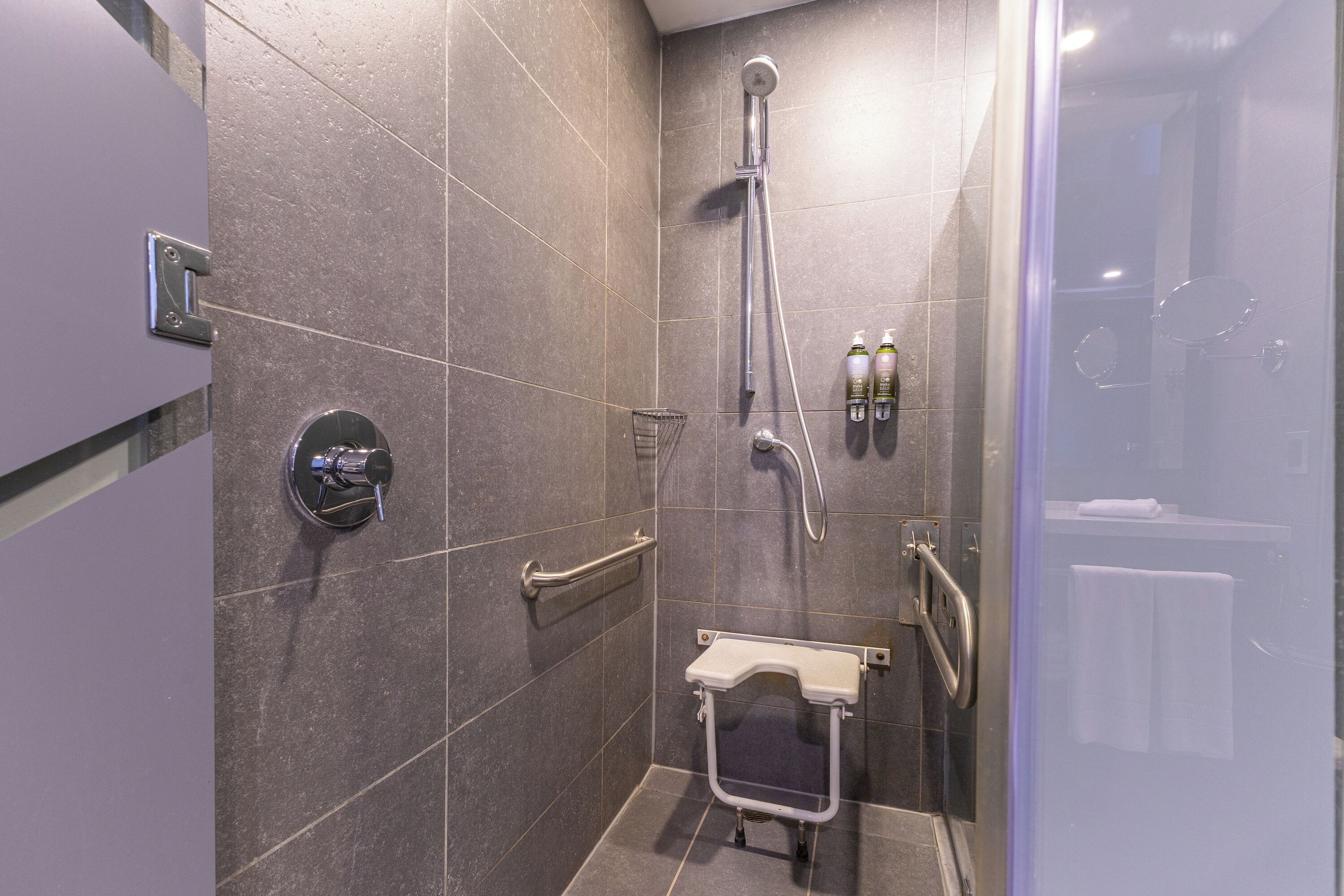A modern bathroom with a shower, grab bars, and a toilet with a safety seat.