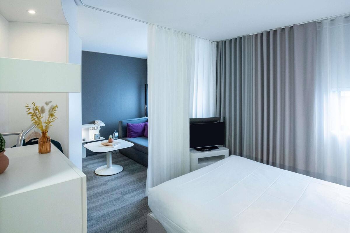 A modern hotel room with a large bed, a TV on a stand, a small table with a vase, and a sofa with cushions.