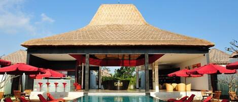 Indoor pool, outdoor pool, pool umbrellas