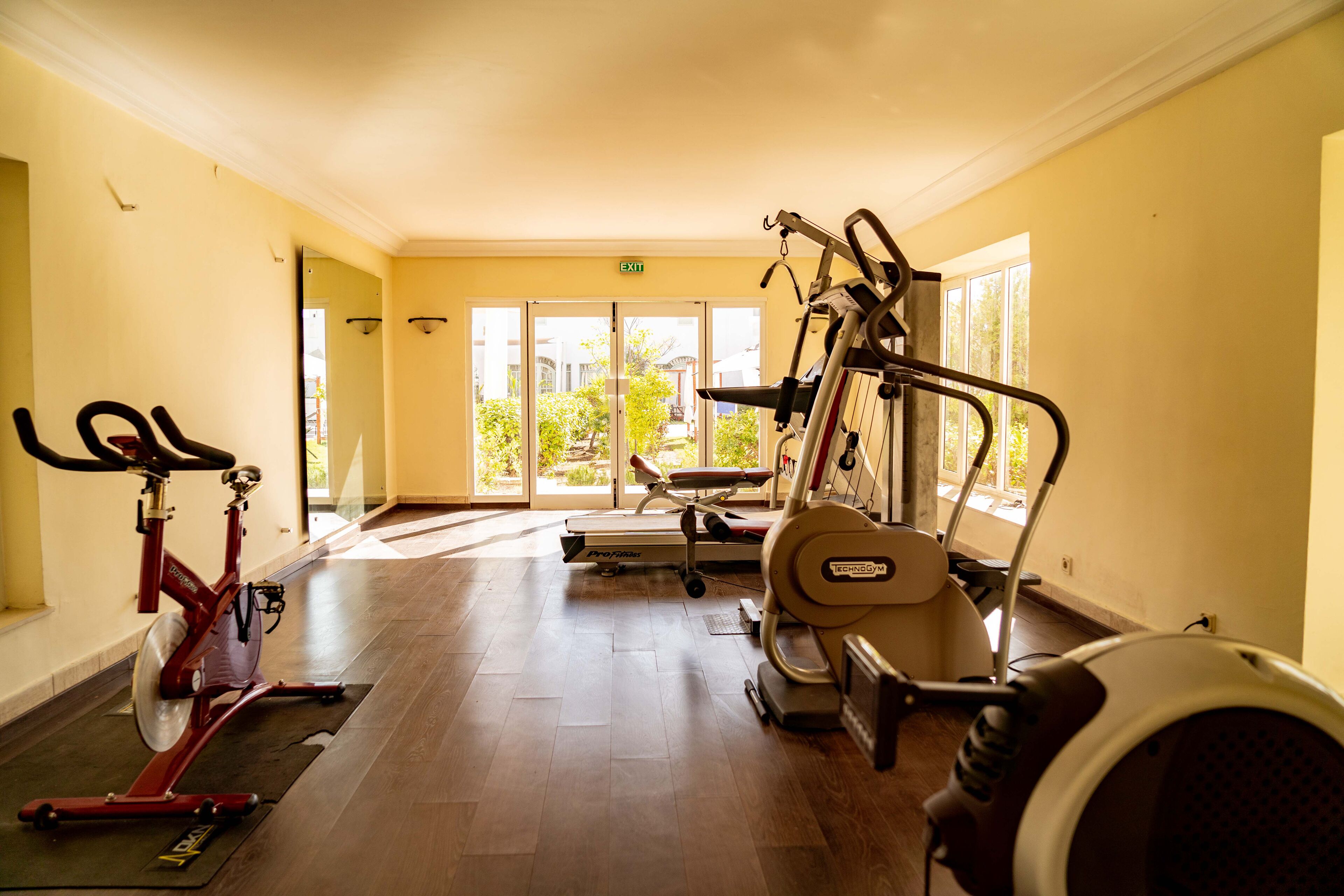 A gym with exercise equipment, a treadmill, and a stationary bike.