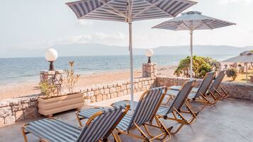 Beach nearby, sun loungers, beach umbrellas