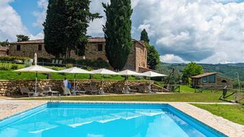 Outdoor pool, pool umbrellas, pool loungers