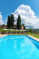Una piscina al aire libre, sombrillas, tumbonas