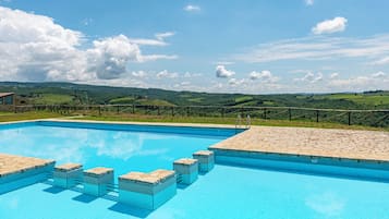 Outdoor pool, pool umbrellas, sun loungers