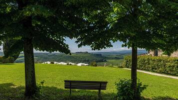 A bench in a grassy area with trees and a view of rolling hills in the background.