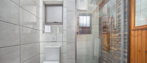 A modern bathroom with a toilet, a glass shower enclosure, and a wooden door.